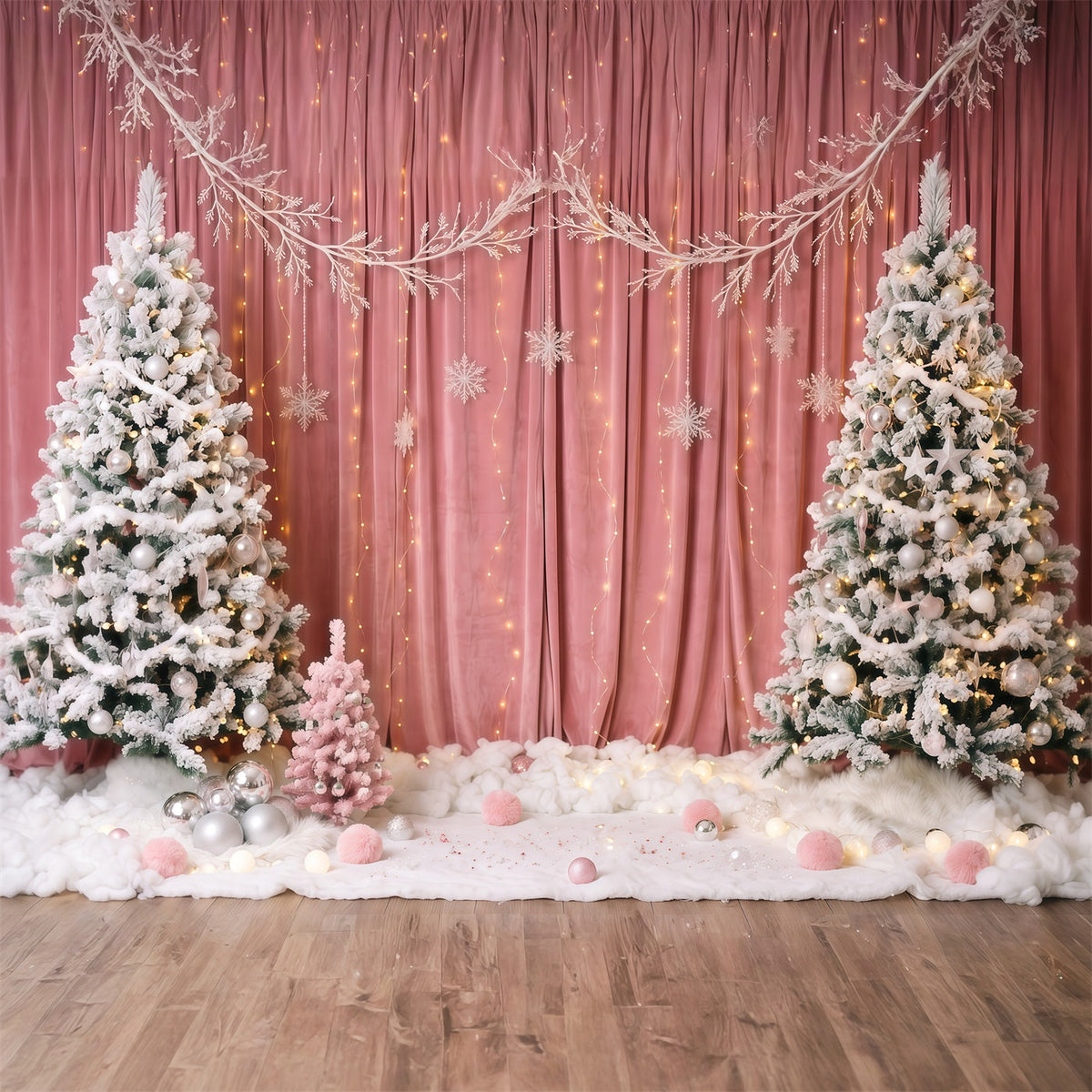 Fond De Noël Hiver Rideau Rose Sapin Enneigé RR610-147
