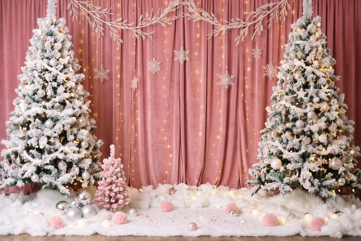 Fond De Noël Hiver Rideau Rose Sapin Enneigé RR610-147