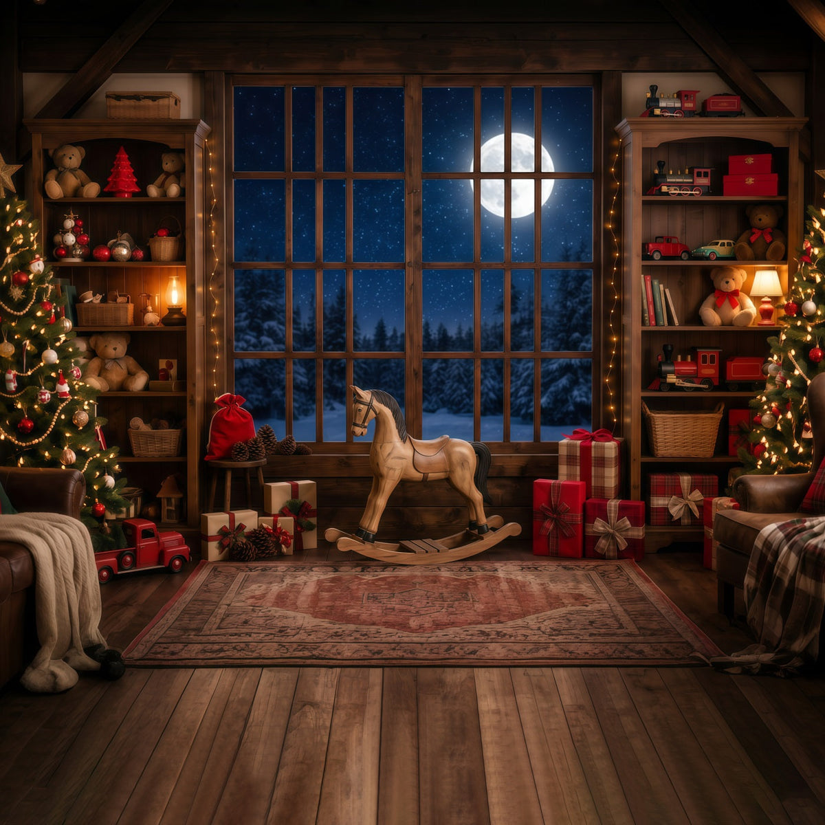 Fond Atelier Père Noël Fenêtre Salle Jouets Au Clair De Lune RR610-148