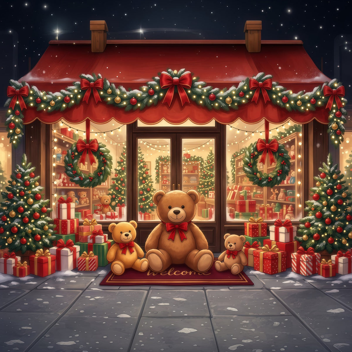Fond Boutique De Noël Magasin Festif Ours En Peluche RR610-152