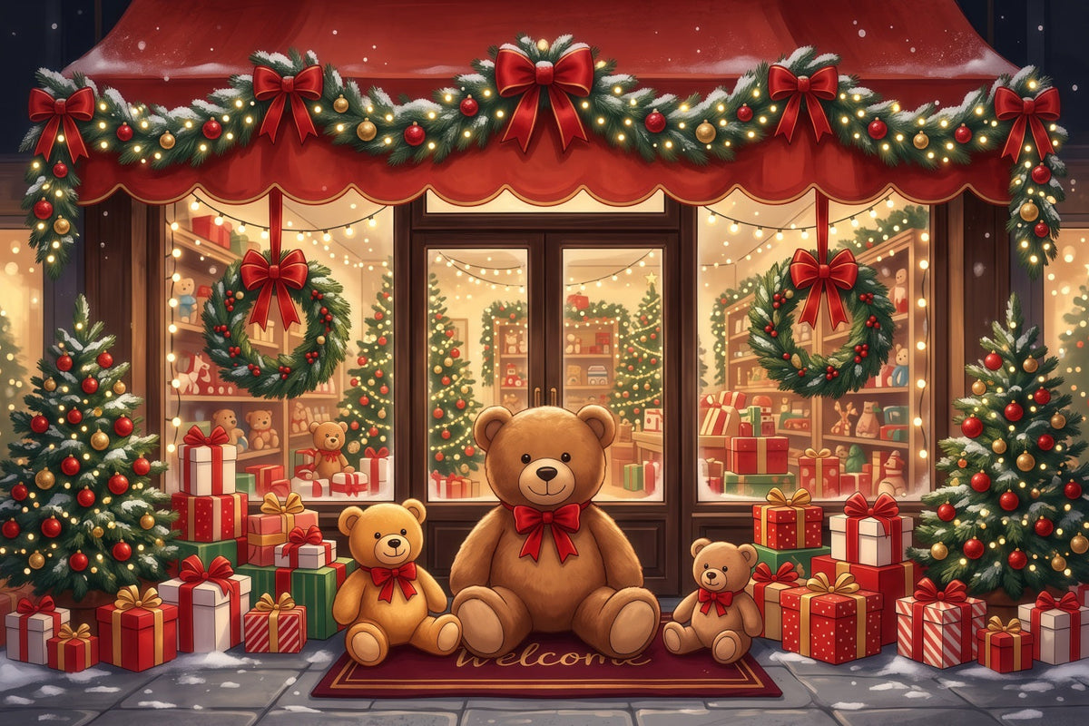 Fond Boutique De Noël Magasin Festif Ours En Peluche RR610-152
