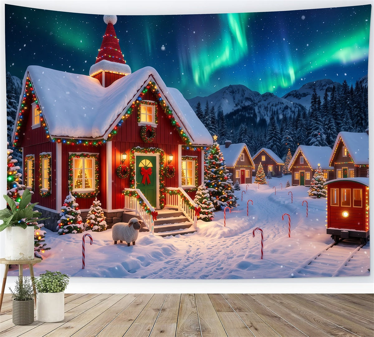 Fond Elfe De Noël Aurore Village Enneigé Lumières RR610-153