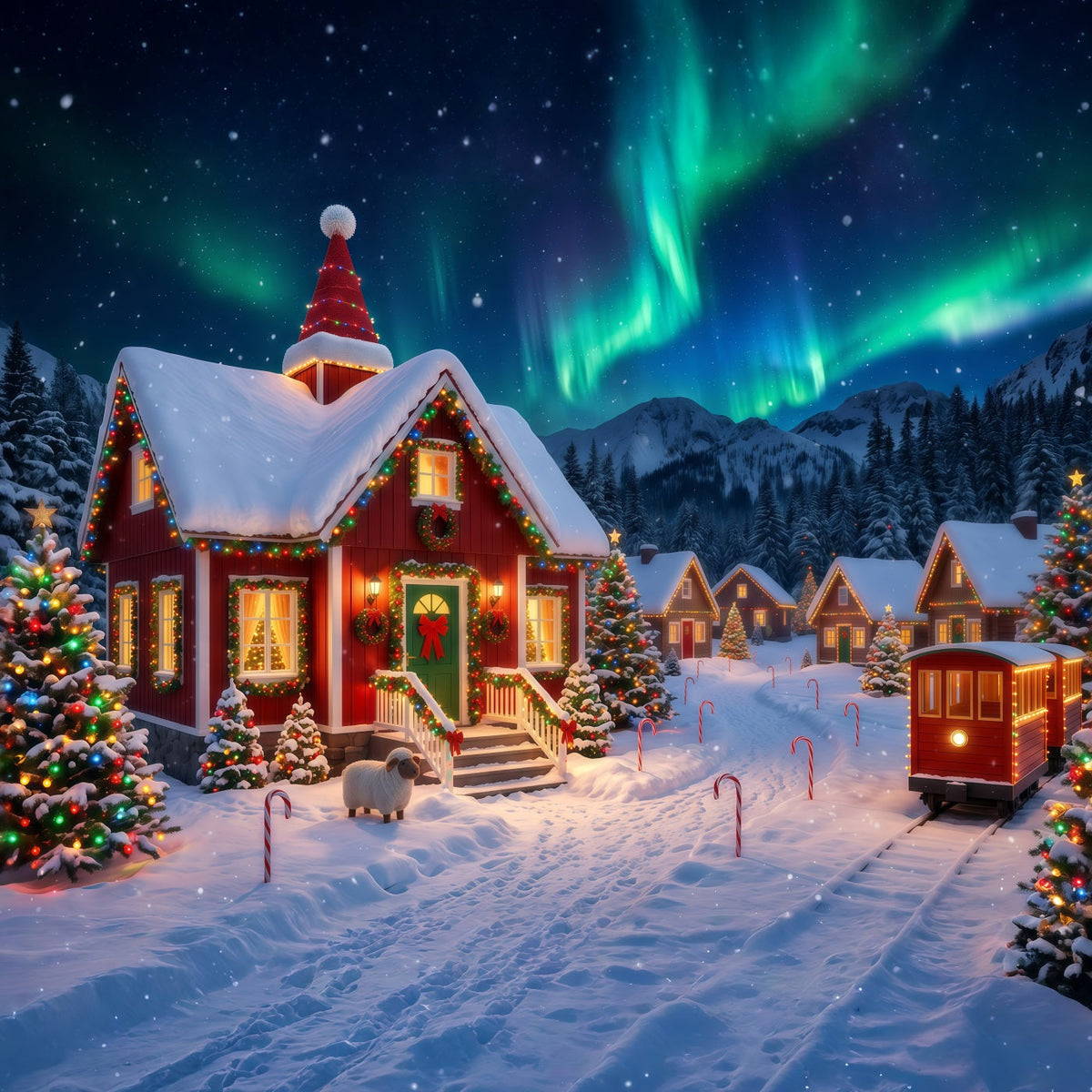 Fond Elfe De Noël Aurore Village Enneigé Lumières RR610-153