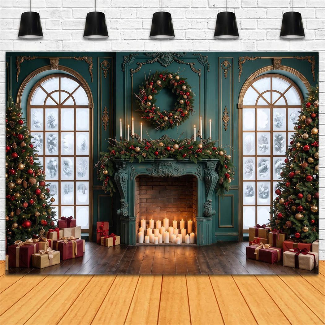 Fond De Noël Salon Cheminée Émeraude Lumière Bougies RR610-154
