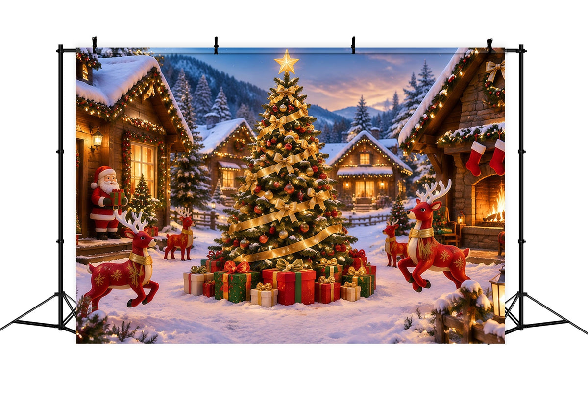 Fond De Noël Rétro Ruban Doré Village Enneigé Rennes RR610-156
