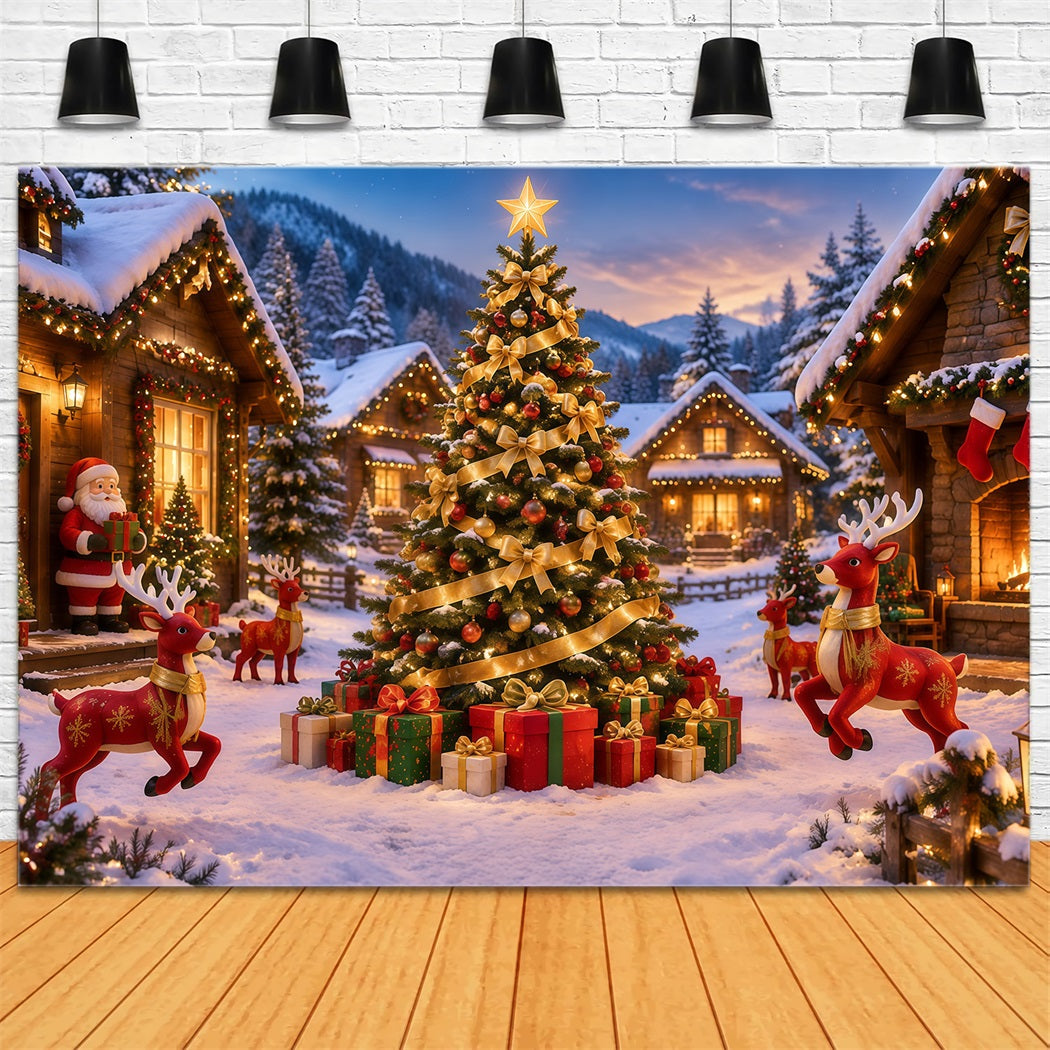 Fond De Noël Rétro Ruban Doré Village Enneigé Rennes RR610-156