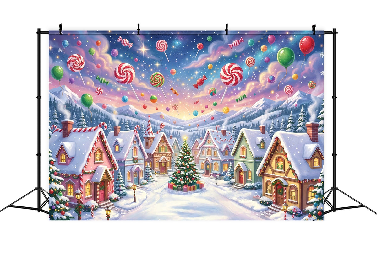 Fond De Noël Pays Des Bonbons Village Hivernal Sucettes RR610-157