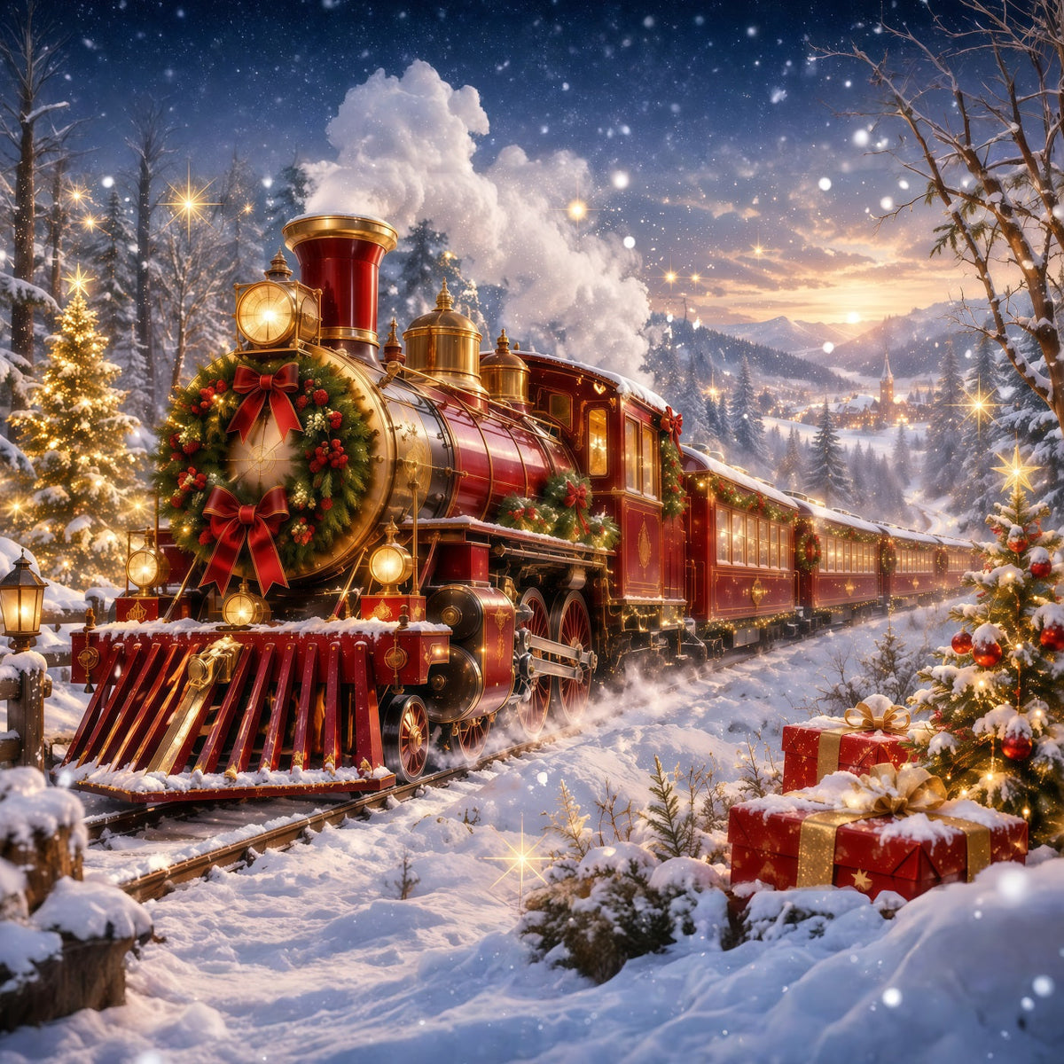 Fond Photo De Noël Train À Vapeur Rouge Festif RR610-158