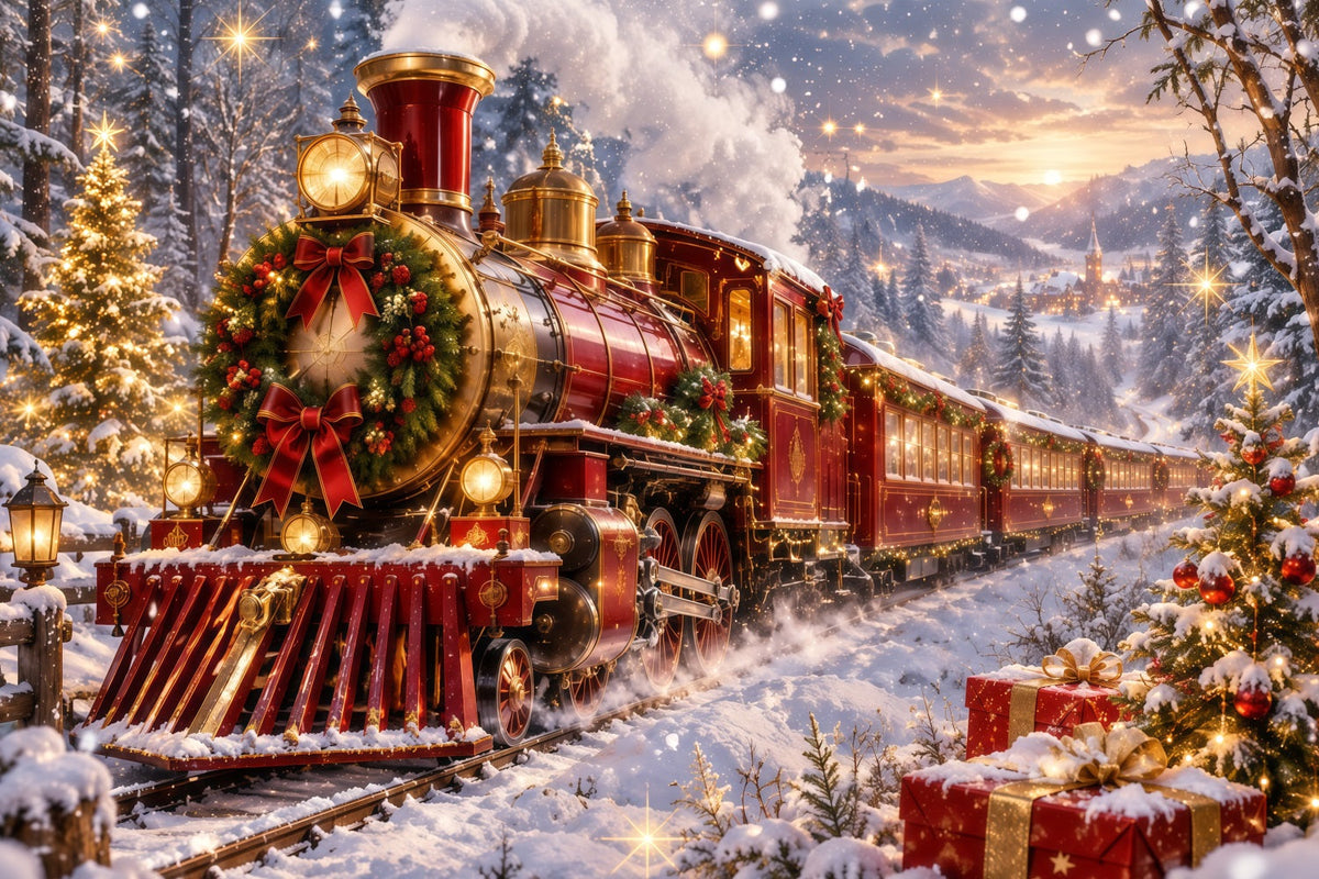 Fond Photo De Noël Train À Vapeur Rouge Festif RR610-158