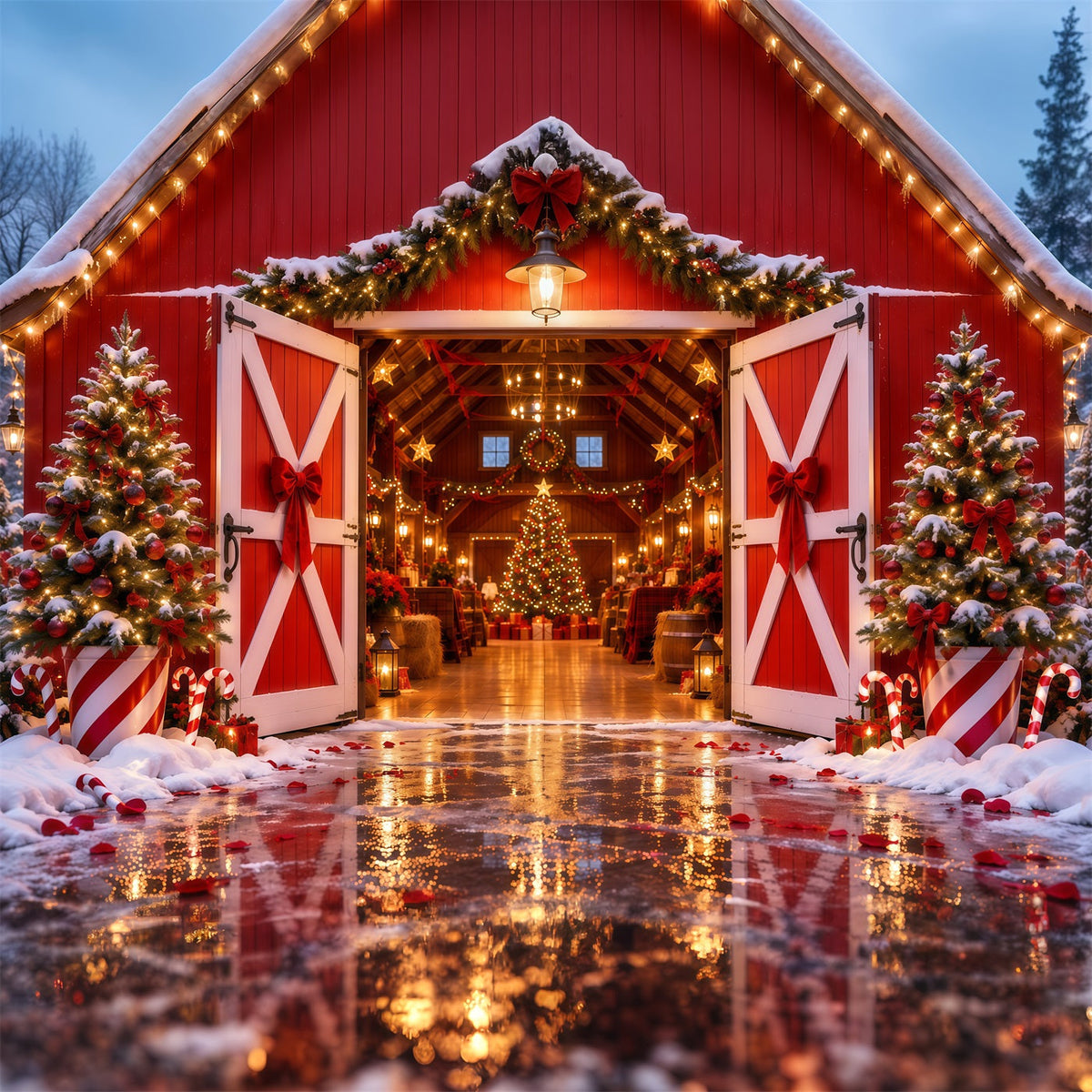 Fond Photo Ferme De Sapins Entrée Grange Rouge Festive RR610-163
