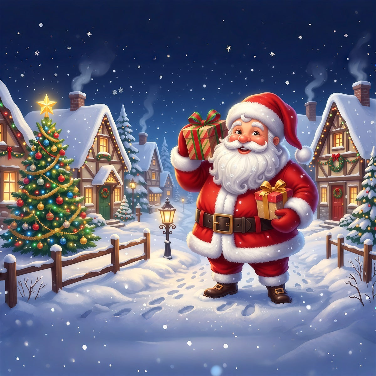 Fond Photo Père Noël Village Cadeaux Promenade RR610-17