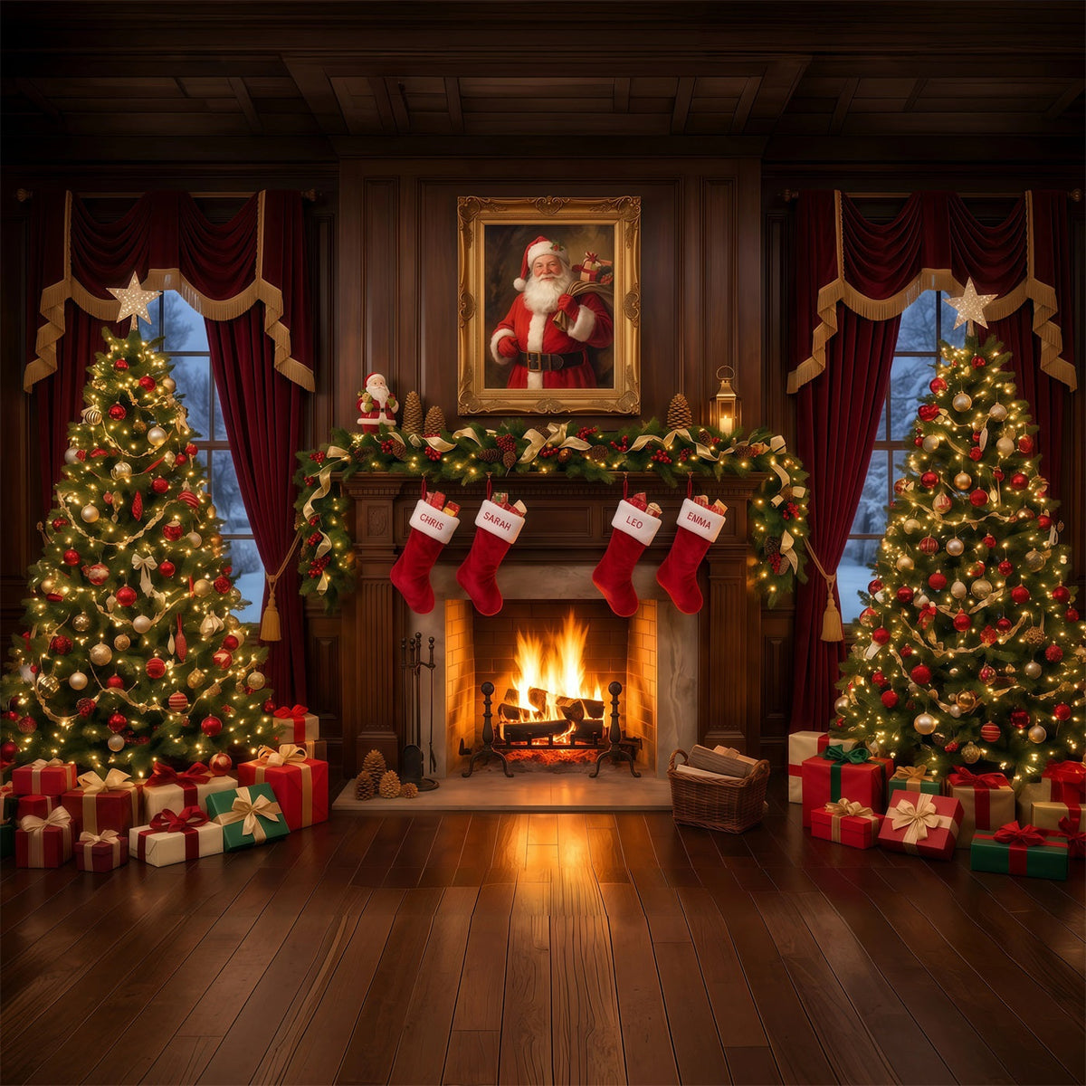 Fond Photo Père Noël Cheminée Vintage Chaussettes RR610-170