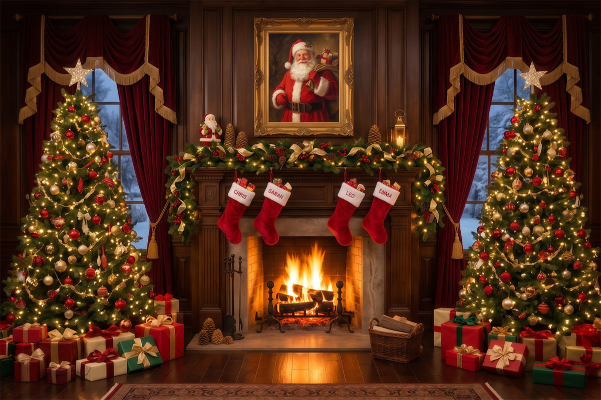 Fond Photo Père Noël Cheminée Vintage Chaussettes RR610-170