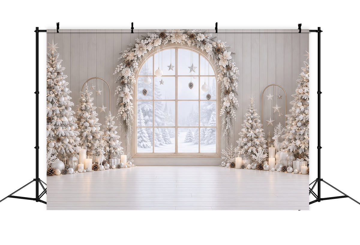 Fond De Fenêtre De Noël Arche Florale Blanche Givrée RR610-171