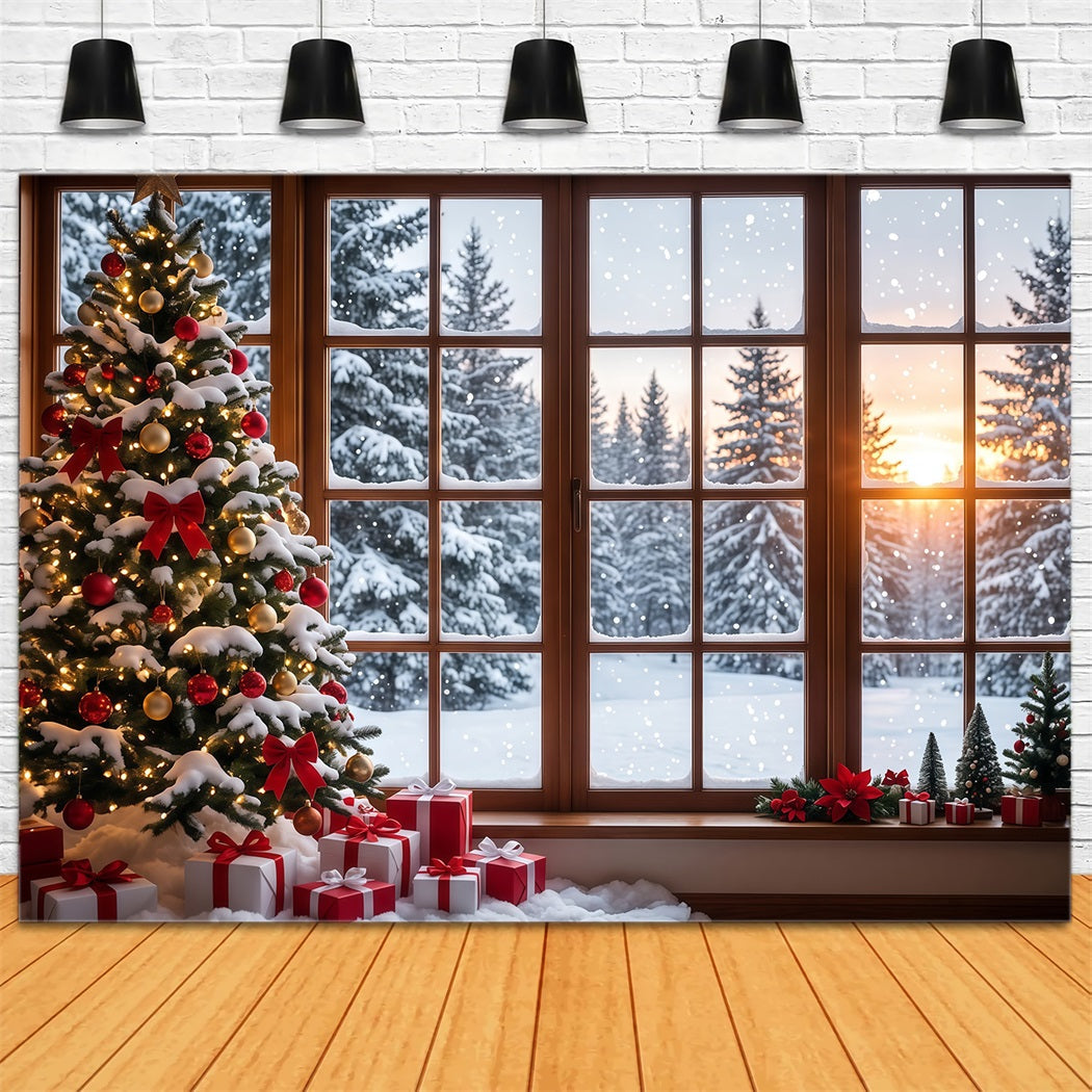 Fond De Forêt De Noël Fenêtre Enneigée Sapin Décoré RR610-174