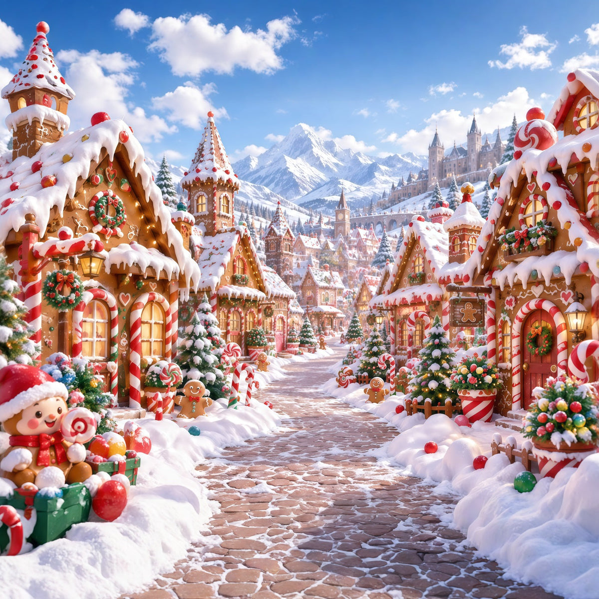 Fond De Noël Village Montagne Bonbons Pain D'Épices Enneigé RR610-176