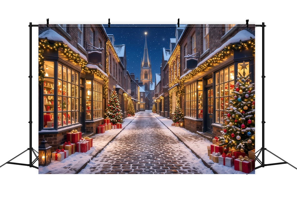 Fond De Village De Noël Rue Commerçante Illuminée Enneigée RR610-180