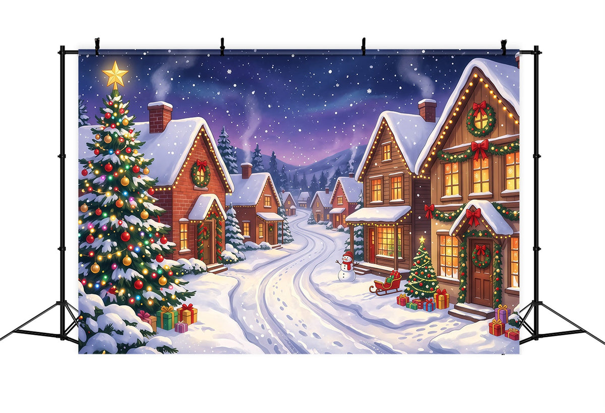 Fond De Village De Noël Rue Maisons Illuminées Enneigées RR610-24
