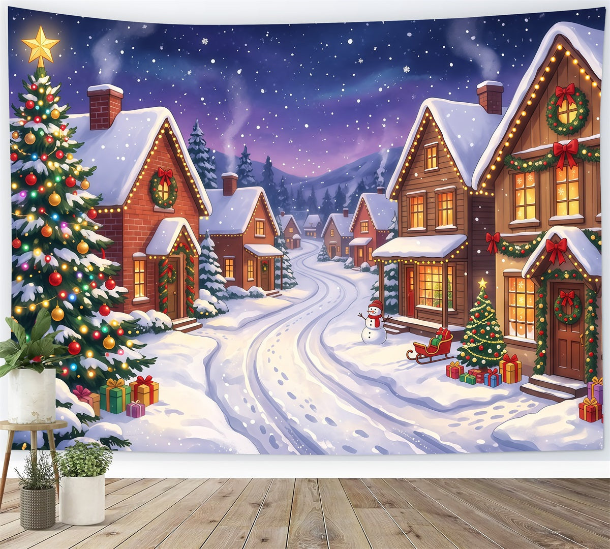 Fond De Village De Noël Rue Maisons Illuminées Enneigées RR610-24