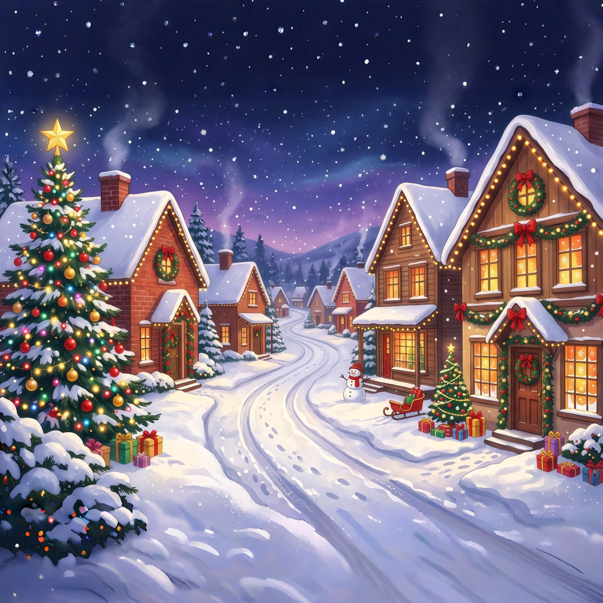 Fond De Village De Noël Rue Maisons Illuminées Enneigées RR610-24