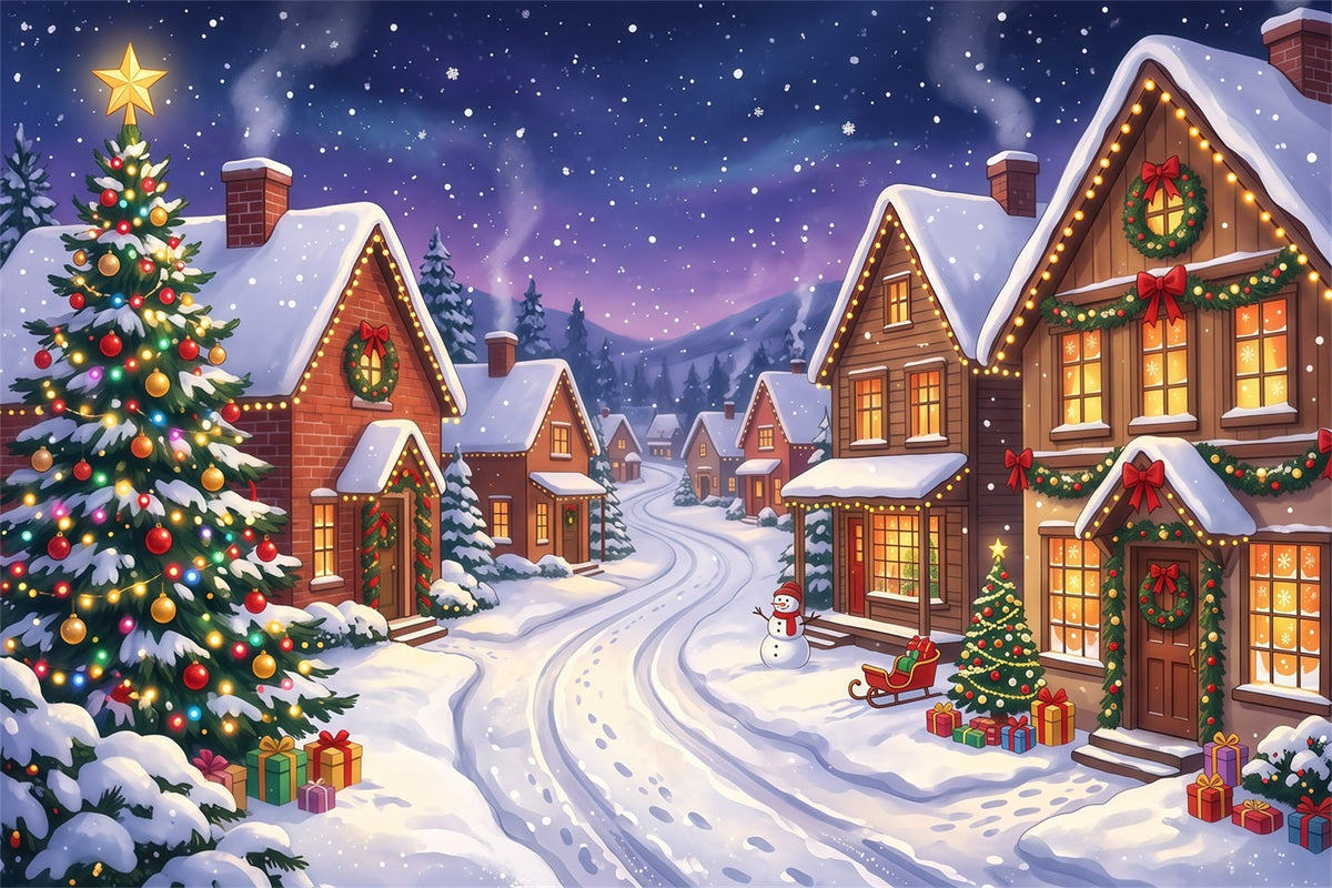 Fond De Village De Noël Rue Maisons Illuminées Enneigées RR610-24