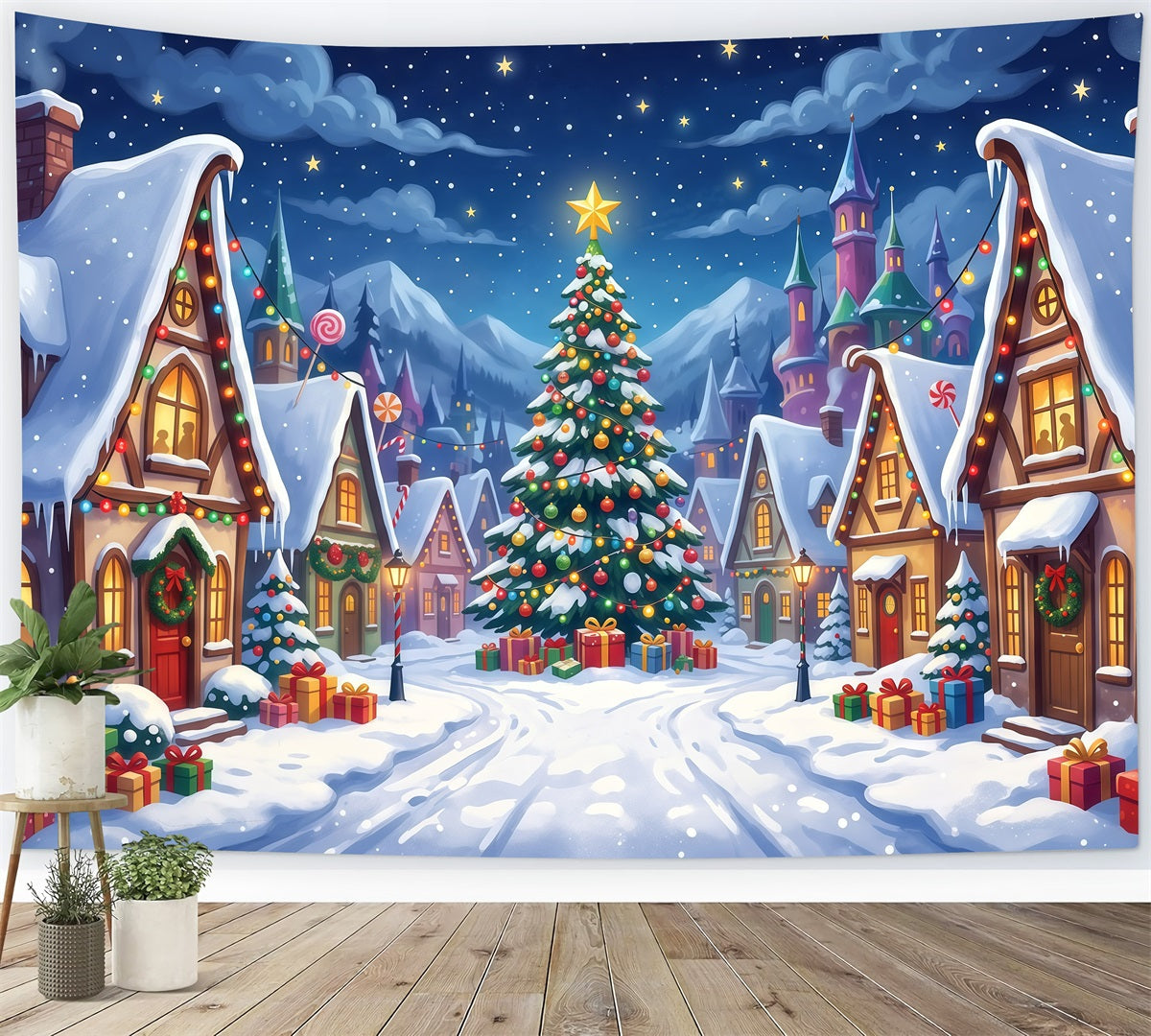 Fond Photo De Village De Noël Place Bonbons Enneigée RR610-26