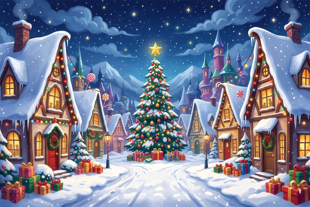 Fond Photo De Village De Noël Place Bonbons Enneigée RR610-26