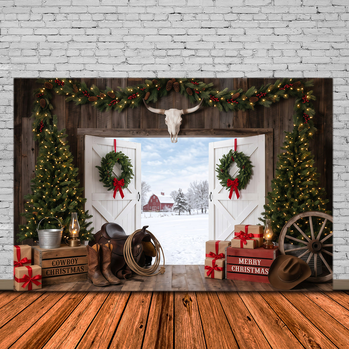 Fond De Noël Campagnard Entrée Grange Rustique Cowboy RR610-28