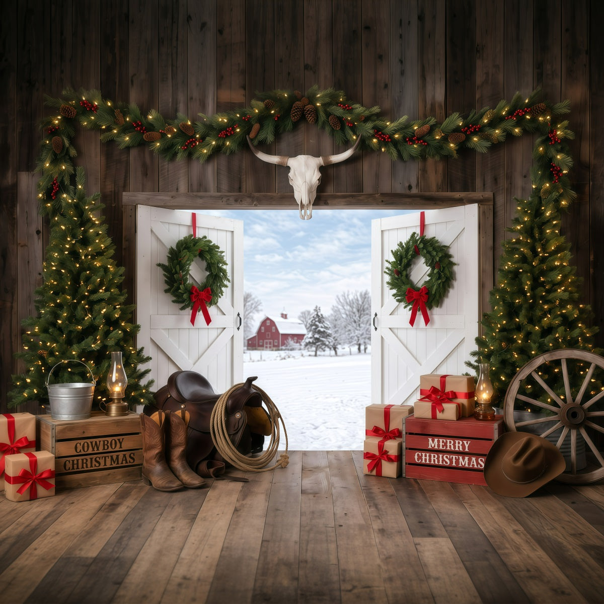 Fond De Noël Campagnard Entrée Grange Rustique Cowboy RR610-28