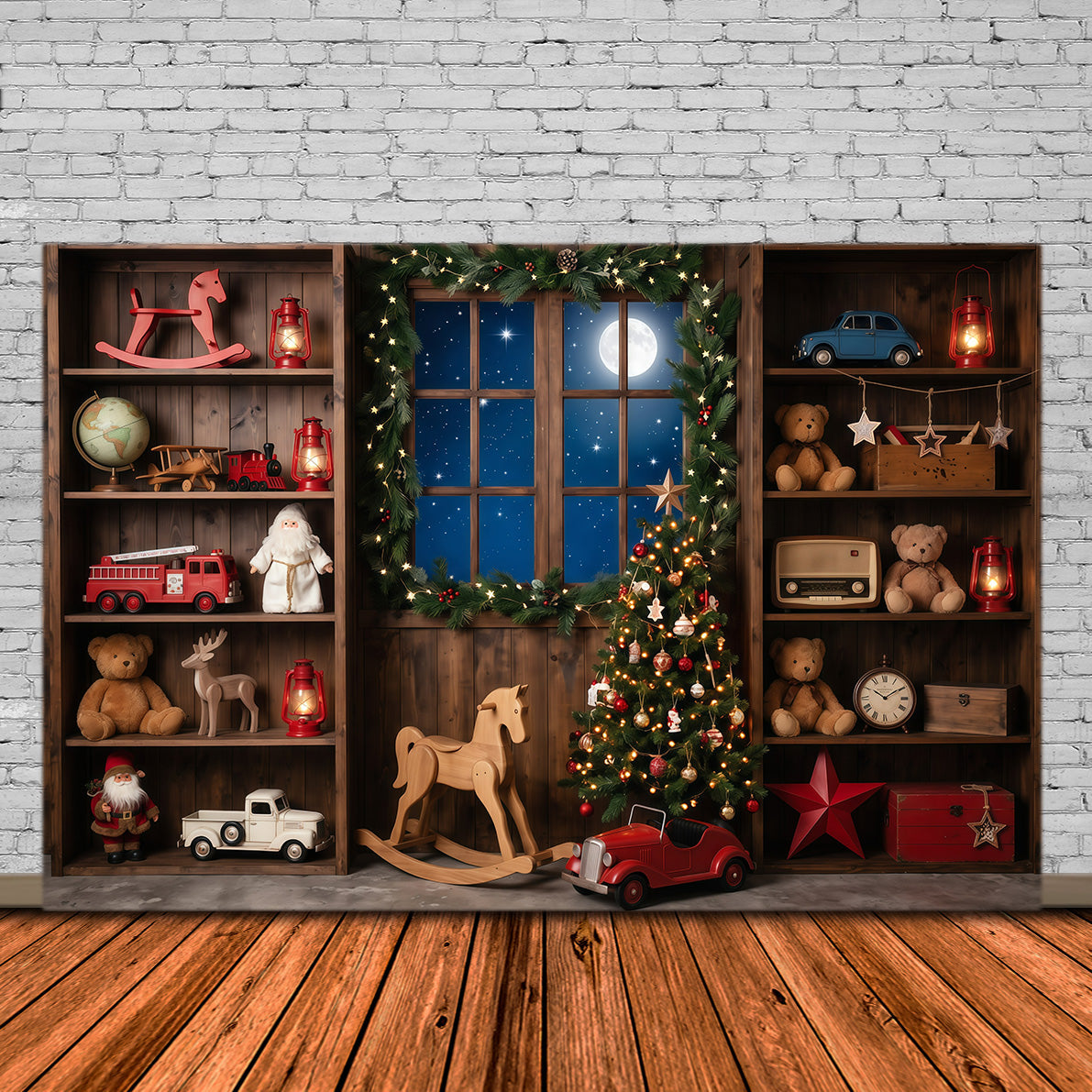 Fond Photo Atelier Père Noël Fenêtre Jouets Vintage RR610-29