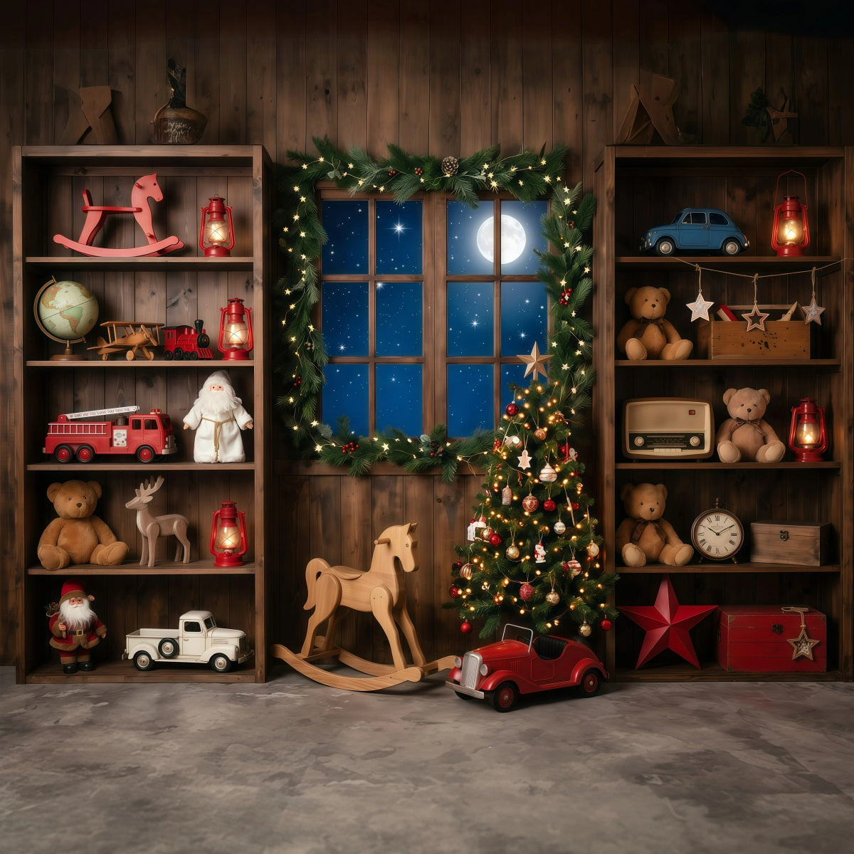 Fond Photo Atelier Père Noël Fenêtre Jouets Vintage RR610-29