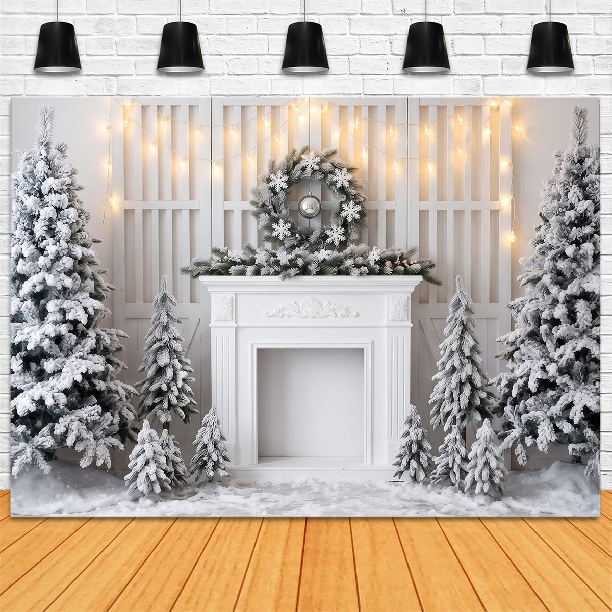 Fond De Noël Blanc Cheminée Givrée Décor RR610-32