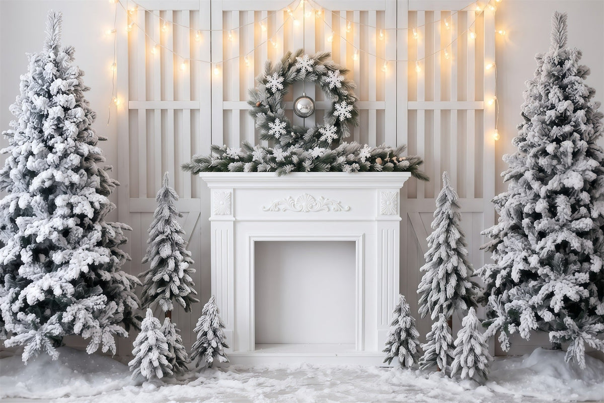 Fond De Noël Blanc Cheminée Givrée Décor RR610-32