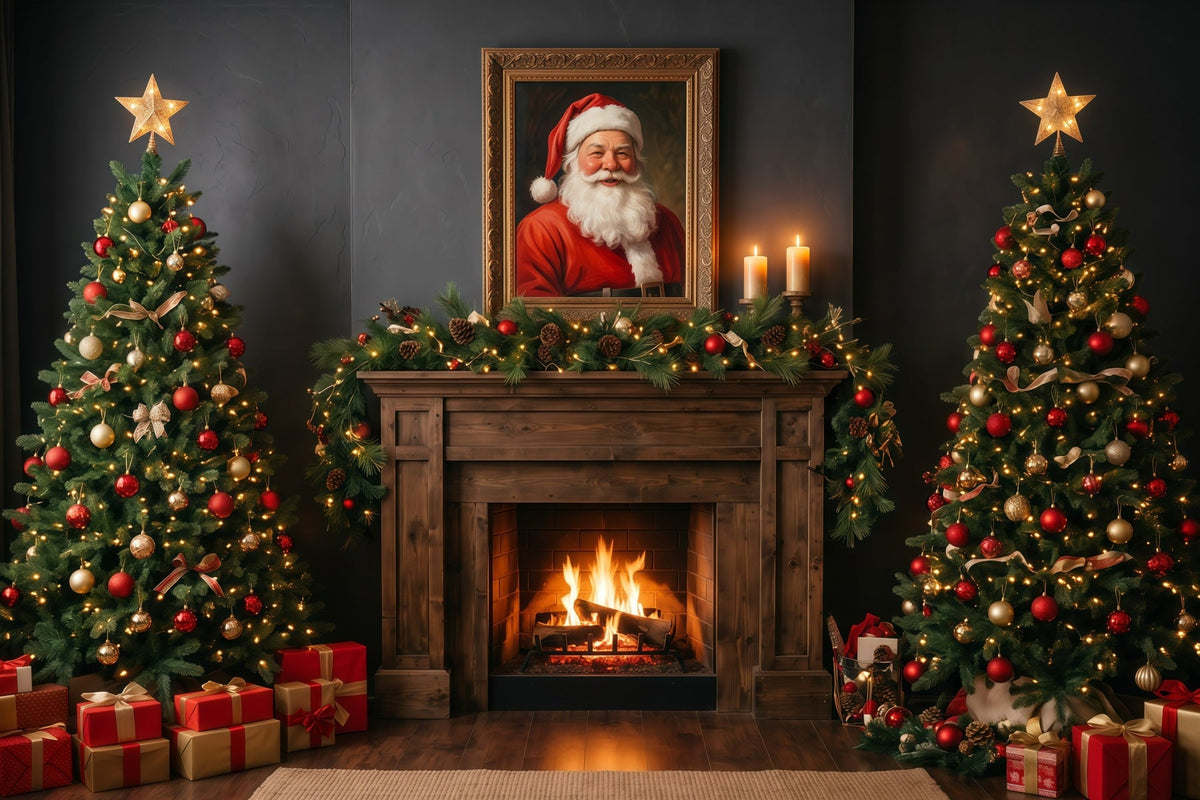 Fond Photo Père Noël Cheminée Sombre Décor RR610-34