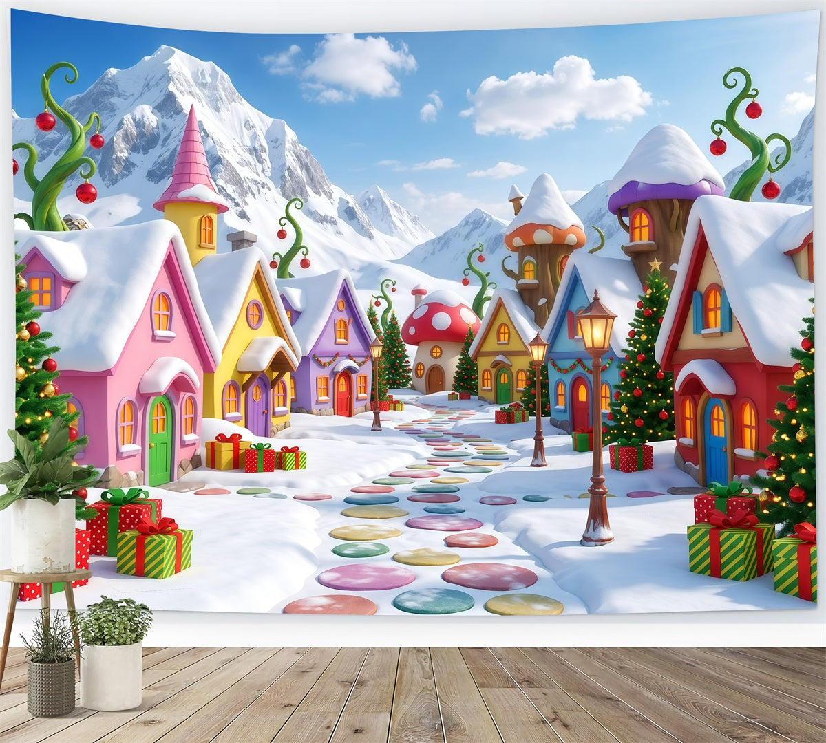 Fond De Noël Montagne Village Maison Bonbons Enneigée RR610-37