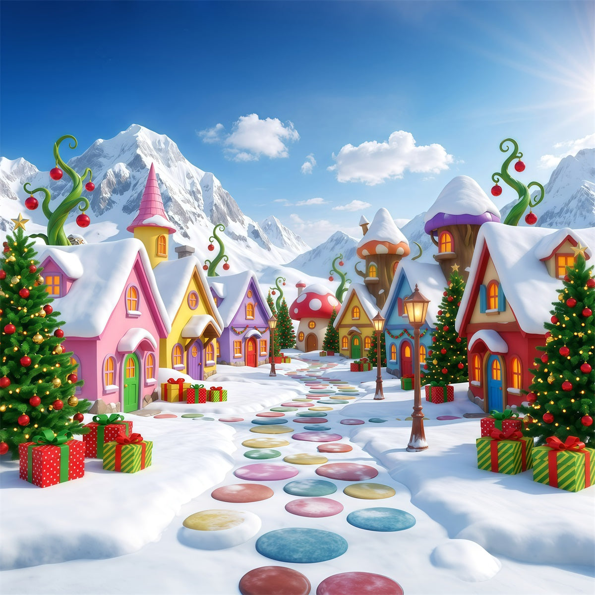 Fond De Noël Montagne Village Maison Bonbons Enneigée RR610-37