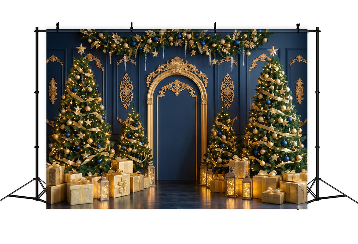 Fond De Noël Arche Bleu Marine Or Décor Festif RR610-43