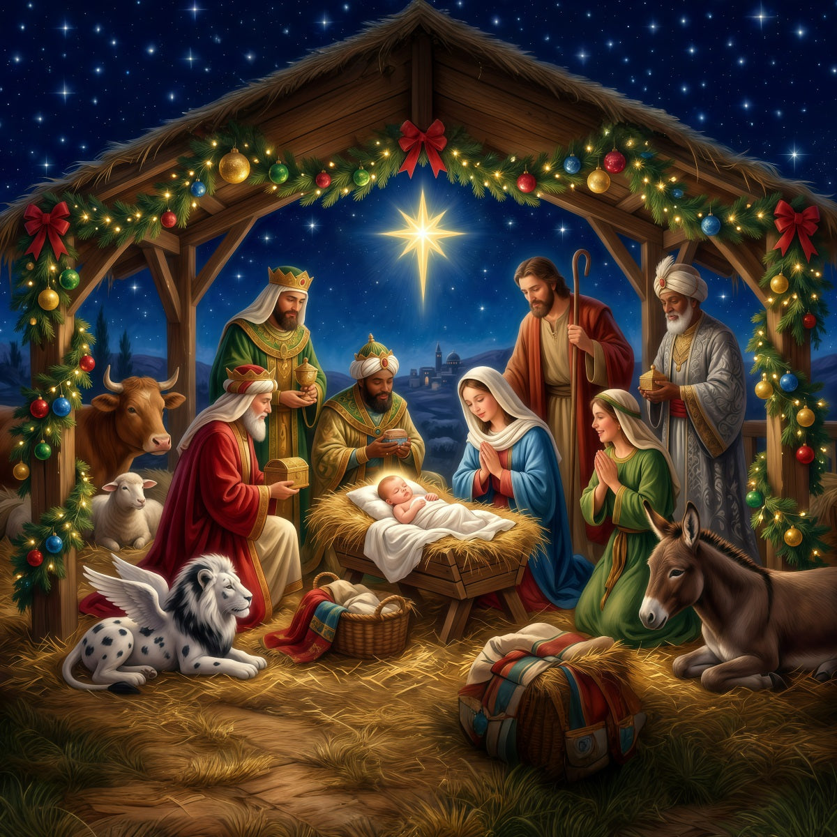 Fond De Crèche De Noël Église Étoilée Mangeoire RR610-45