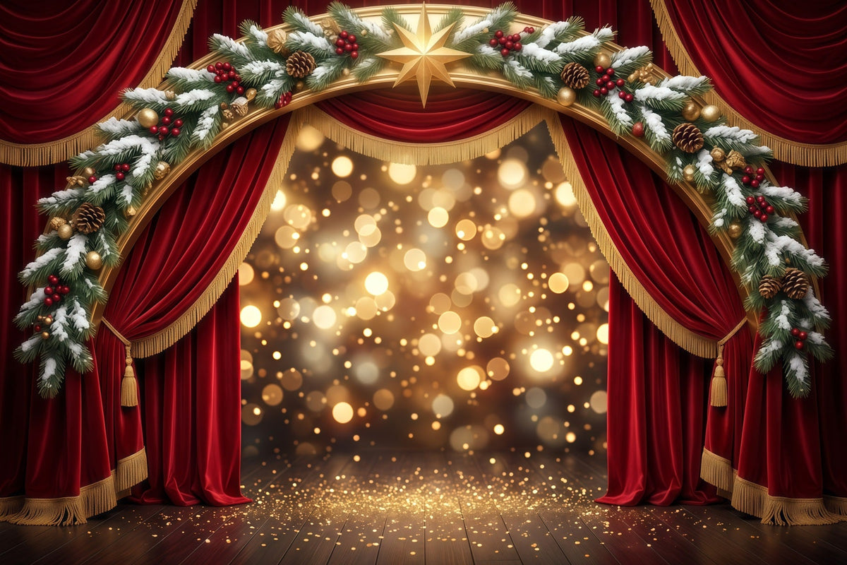 Fond De Noël Scène Arche Dorée Velours Rouge RR610-46