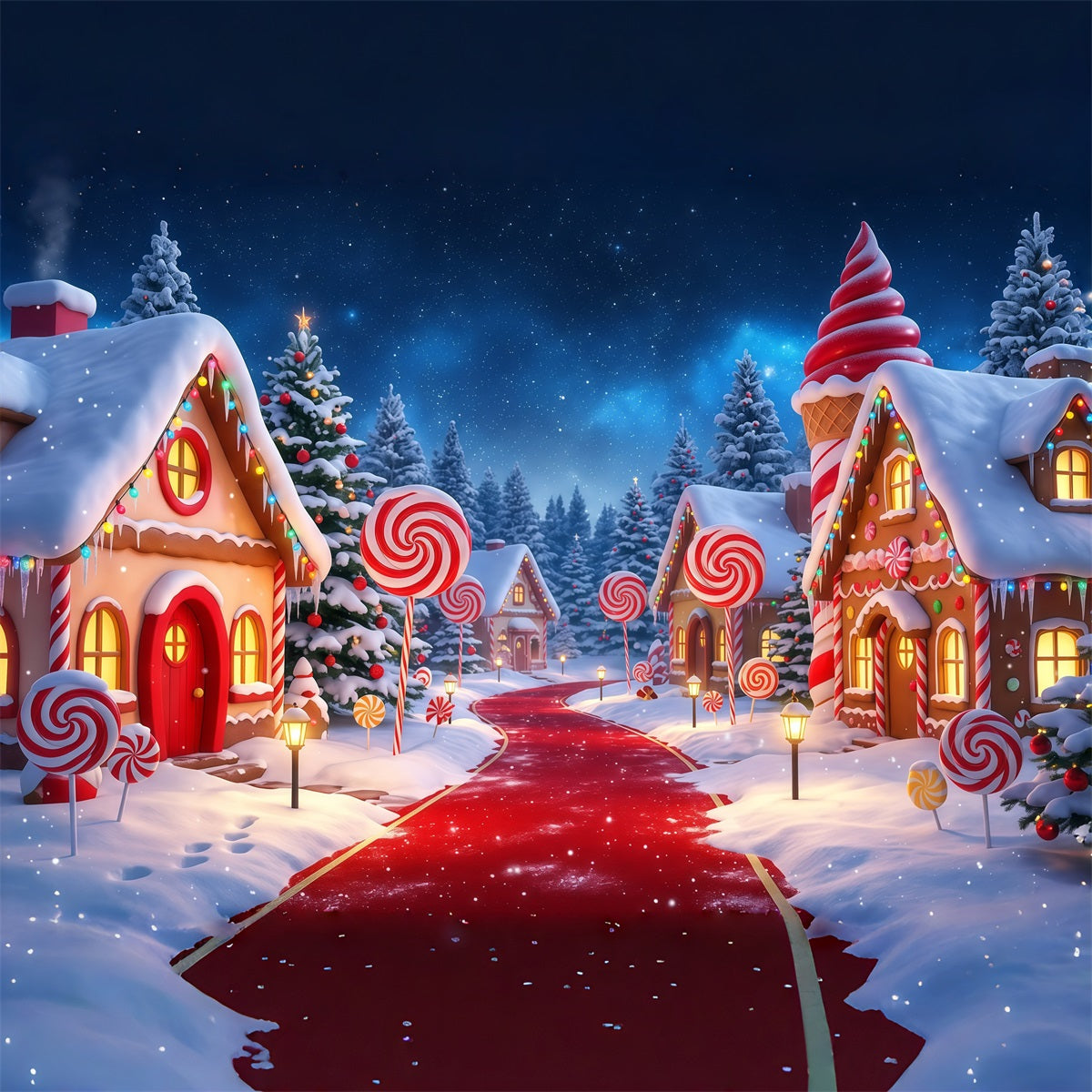 Fond De Noël Campagnard Village Bonbons Sentier Enneigé RR610-47