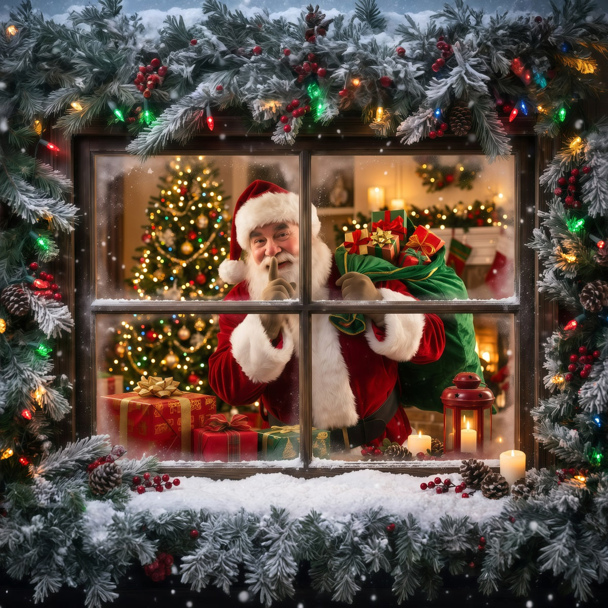 Fond Photo Père Noël Surprise Cadeau Fenêtre Enneigée RR610-48