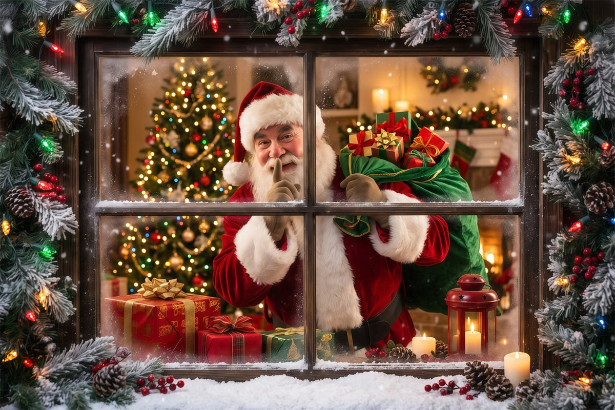 Fond Photo Père Noël Surprise Cadeau Fenêtre Enneigée RR610-48