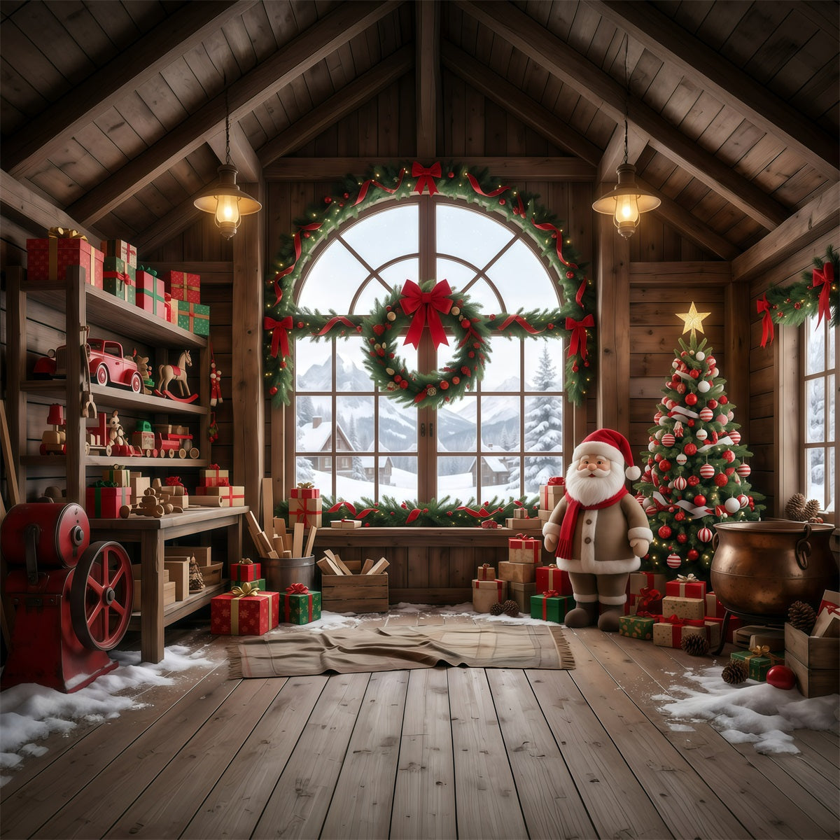 Fond Photo Atelier Père Noël Salle Jouets Bois Rustique RR610-5