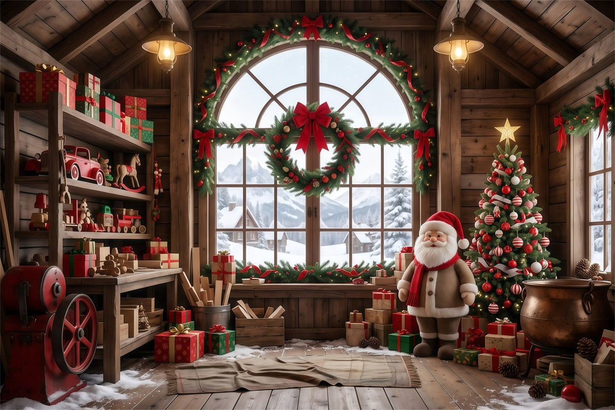 Fond Photo Atelier Père Noël Salle Jouets Bois Rustique RR610-5