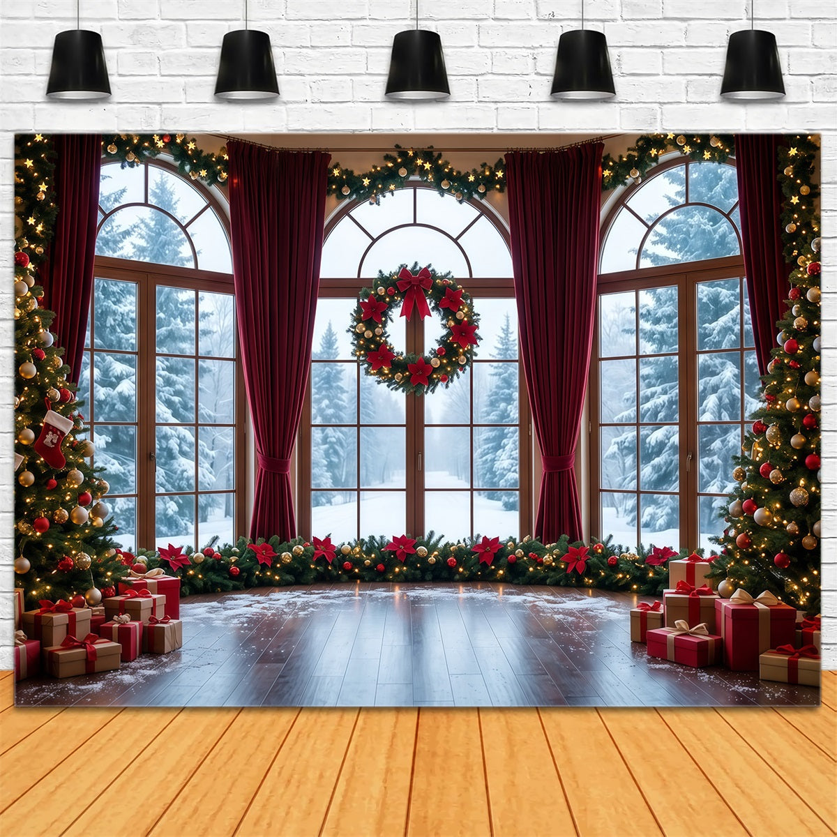 Fond De Noël Fenêtre Enneigée Couronne Décorative RR610-55