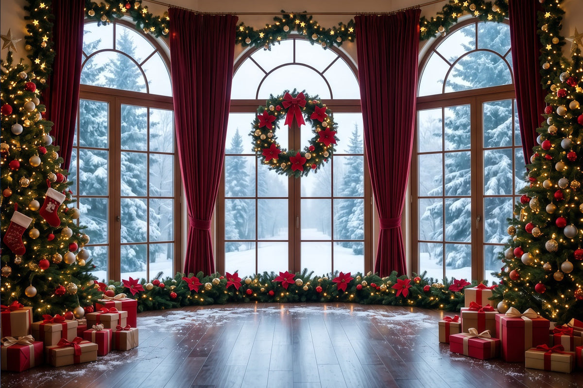 Fond De Noël Fenêtre Enneigée Couronne Décorative RR610-55