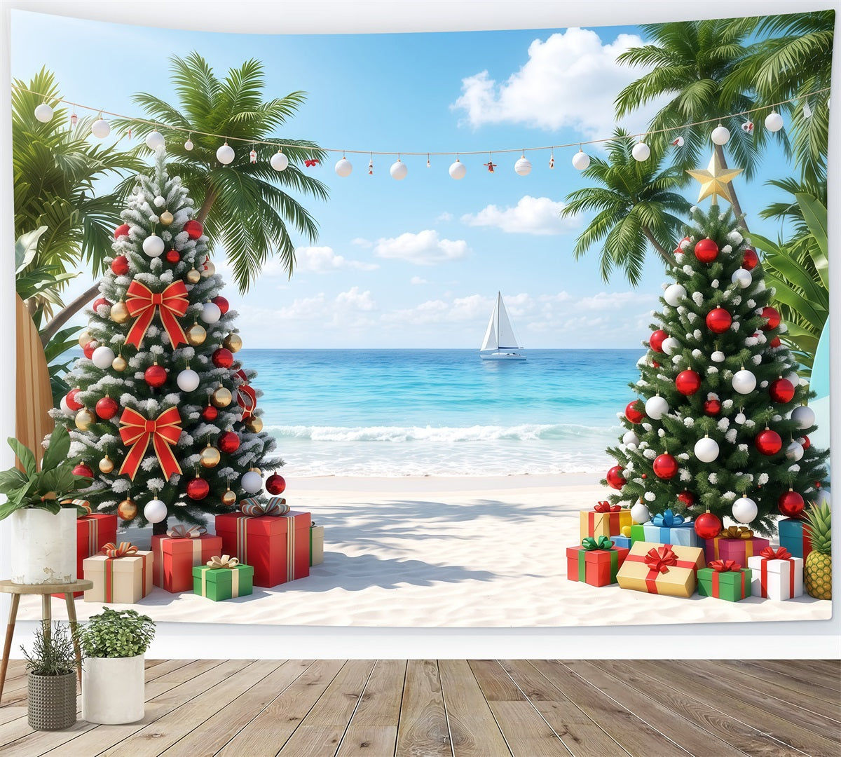 Fond De Noël Tropical Plage Mer Palmiers RR610-57