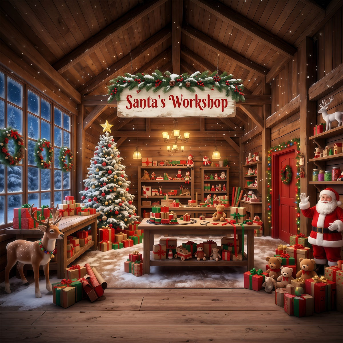 Fond Photo Atelier Père Noël Intérieur Chalet Rustique RR610-59
