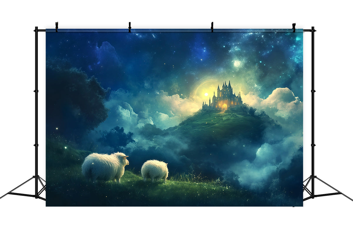 Fond De Crèche De Noël Château Enchanté Ciel Moutons RR610-65