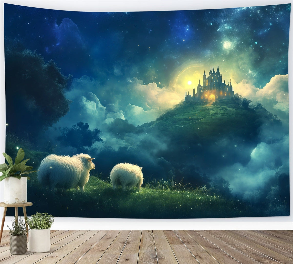 Fond De Crèche De Noël Château Enchanté Ciel Moutons RR610-65